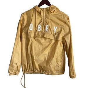 Obey Adult Pullover Hoodie Nylon Windbreaker M Yellow Pouch Pocket Jacket Sporty